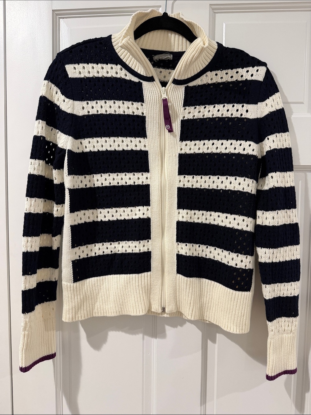Talbots Navy and Cream Striped Zip Cardigan size M